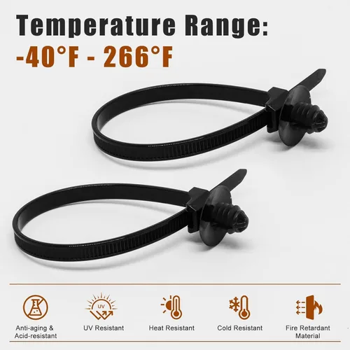 Miniatura 5 de 30 bridas de nailon para montaje a presión, ataduras de cables resistentes color negro con pasador de presión, cremalleras de abeto, diseño