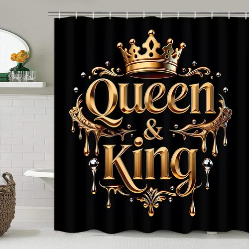 Miniatura 5 de AZHM Juego de cortina de ducha con estampado de corona dorada, accesorios de baño de lujo negros con cortina de ducha y alfombras