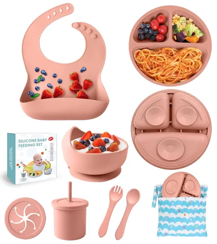 Miniatura 9 de Juego de alimentación de bebé de silicona, 10 piezas de suministros de destete LED para bebés, juego de artículos esenciales para comer con ventosa