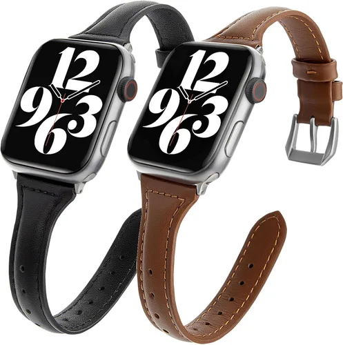 Miniatura 12 de 2 paquetes de correas delgadas de cuero genuino compatibles con Apple Watch de 38mm 40mm 41mm 42mm 44mm 45mm 49mm, correas delgadas de cuero de capa