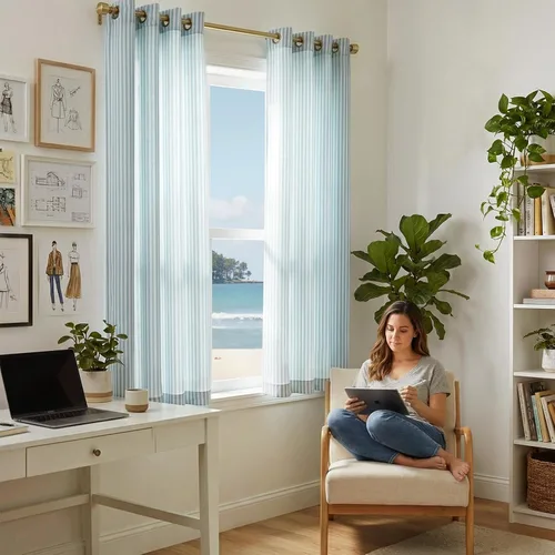 Miniatura 7 de Vangao Cortinas de lino a rayas para sala de estar, dormitorio, casa rural con estampado de rayas de tictac, cortinas impresas con ojales