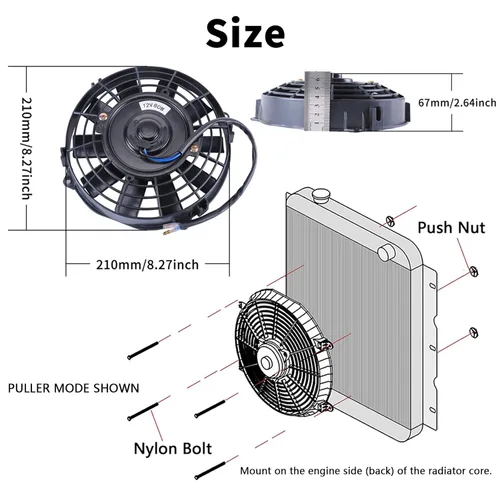 Miniatura 2 de Juego de 2 ventiladores eléctricos universales delgados, tire/empuje, 7 pulgadas, negro, 12V 80W, kit de montaje de alto rendimiento para radiador