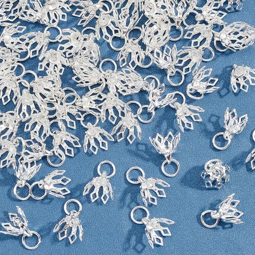 Miniatura 4 de SUPERFINDINGS Tapas de cuentas huecas de flores de latón, tapa de cuentas de latón con dije de filigrana, cuentas espaciadoras para aretes, plateado