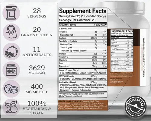 Miniatura 2 de Stellar Labs Proteína vegana en polvo con BCAA y antioxidantes Certificado bajo en FODMAP, sin OMG, sin gluten, sin soja, bajo en carbohidratos