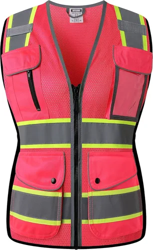 Miniatura 7 de Chaleco de seguridad reflectante para mujer, chaleco de malla de alta visibilidad con 8 bolsillos y cremallera frontal, chaleco de alta visibilidad