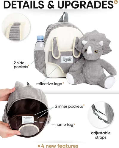 Miniatura 5 de Naturally KIDS Mochila para niños pequeños, Pequeño de 10 "h Triceratops Grey, 10.0 in H Small