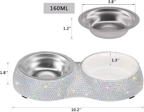 Miniatura 4 de SAVORI Cuencos pequeños para perros, hechos a mano con diamantes de imitación brillantes de acero inoxidable para mascotas, comedero doble de AB