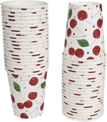 Miniatura 9 de Geeklife Vasos de papel de cereza dorada, 9 onzas de papel de cerezas, frutas y cerezas, desechables, vasos de papel decorativos a granel, 40