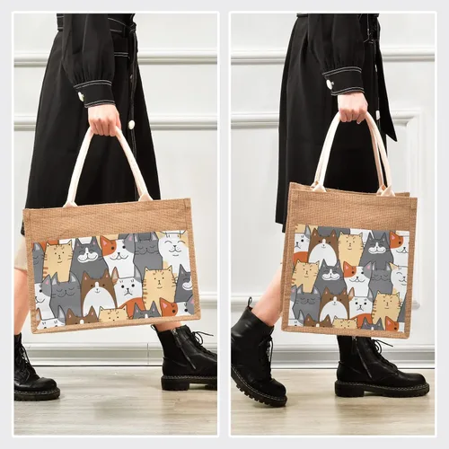 Miniatura 4 de CaTaKu Divertida bolsa de yute con asas y cremallera para gatos, bolsa de arpillera reutilizable con bolsillo frontal de lona, regalo para bodas, 12