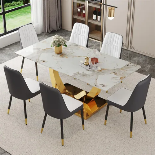 Miniatura 15 de Juego de mesa de comedor para 4, mesa de comedor de mármol sintético de 63 pulgadas con patas y base de acero inoxidable, sillas acolchadas
