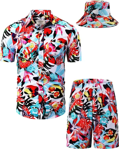 Miniatura 46 de TUNEVUSE Conjunto de camisas y pantalones cortos hawaianos para hombre, 2 piezas, trajes de playa con estampado de flores, traje tropical de verano
