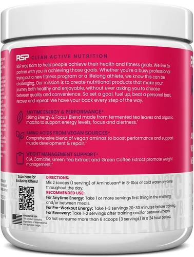 Miniatura 7 de Fórmula para ganar energía y perder peso de RSP AminoLean. BCAA en polvo con ALC, extracto de té verde y cafeína para desarrollar el músculo magro