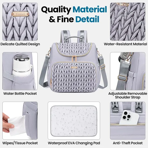 Miniatura 5 de Mochila de pañales Tealari convertible de 4 en 1, bolsa de pañales impermeable para bebé con cambiador, se convierte en bolso de mano para bebé, Gris