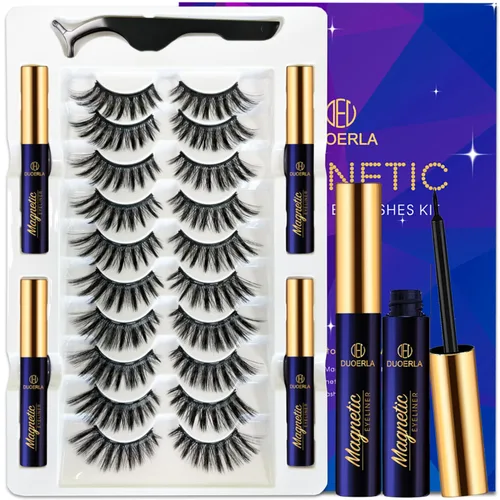 DUOERLA - Pestañas magnéticas de aspecto natural, kit de pestañas magnéticas 3D de ojo de gato con delineador de ojos, 10 pares de 1 estilo más