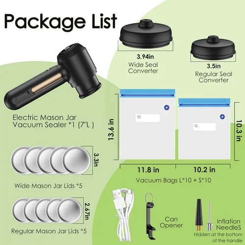Miniatura 3 de Kit de sellado al vacío eléctrico de tarros Mason con 20 bolsas de vacío reutilizables, 10 tapas Mason, sellador al vacío de mano 3 en 1, potente
