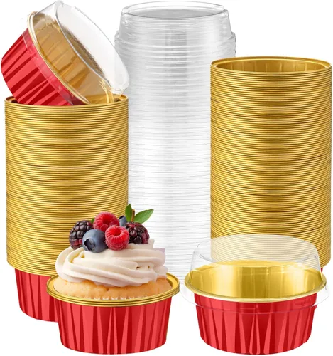 Miniatura 22 de Paquete de 200 Moldes de Papel de Aluminio para Hornear Cupcakes de 5oz Forros para Cupcakes Tazas de Postre con Tapas Moldes Desechables para Verde