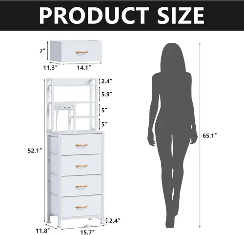 Miniatura 3 de Furnulem - Mesita alta con 3 cajones de tela y luces LED, mesita de noche con estantería, mesas de noche de 45.3 pulgadas de altura con puertos USB
