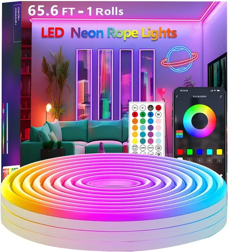 Cuerda de luces de neón de 65.6 pies, control de luz LED flexible con aplicación/control remoto, múltiples modos, impermeable IP67 para exteriores,