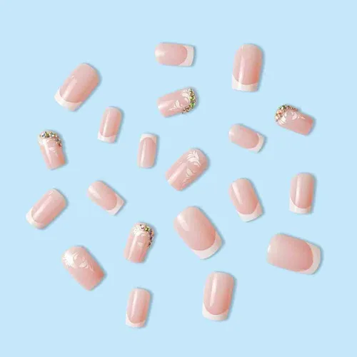 Miniatura 3 de Foccna Uñas postizas a presión de color rosa medianas, uñas postizas blancas brillantes, uñas postizas cuadradas acrílicas, uñas artificiales
