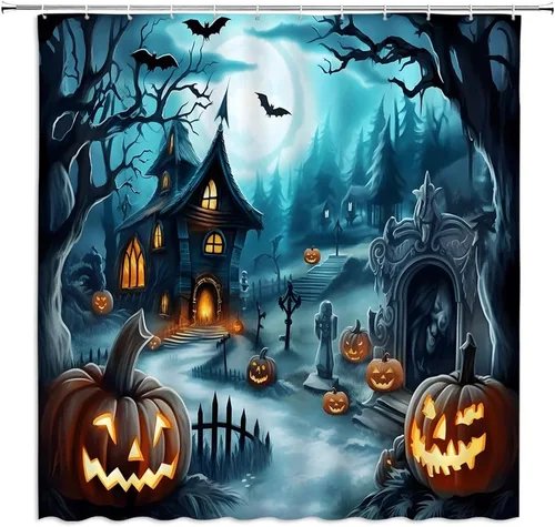 Cortina de ducha de Halloween, noche aterradora, luna, gótica, casa encantada, calabaza, murciélago, bosque, patio, cortinas de decoración de baño