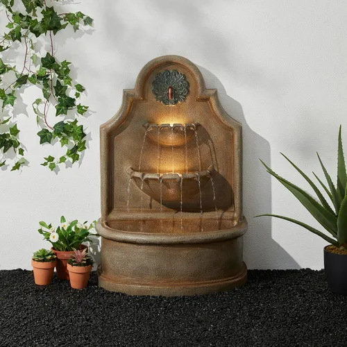 Miniatura 11 de Glitzhome Fuente de agua para exteriores con luz LED y bomba, moderna fuente de poliresina de 5 niveles y esfera para exteriores, fuente de cascada