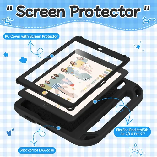 Miniatura 3 de BMOUO Funda para niños para iPad 9.7 2018/2017/iPad Air 2/1/Pro 9.7 - Protector de pantalla integrado con mango a prueba de golpes, funda