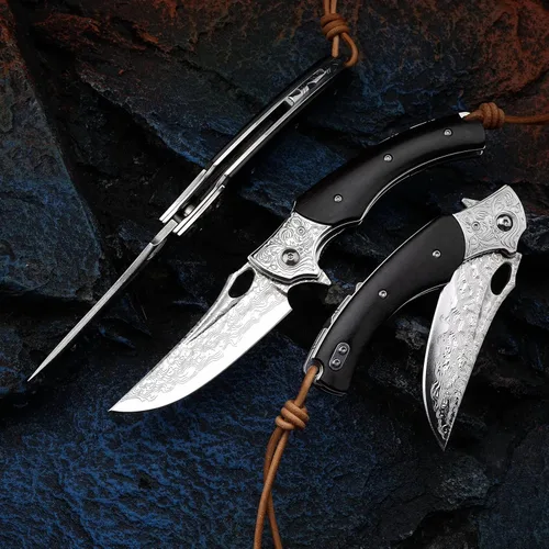 Miniatura 6 de Cuchillo plegable japonés VG10 de acero Damasco de 3.5 pulgadas para exteriores con mango de madera negra, cerradura forrada, uso EDC y camping