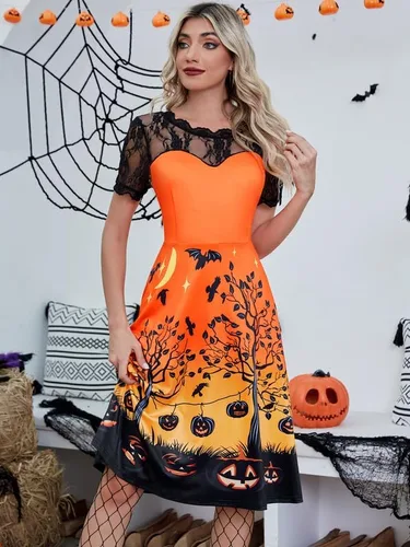 Miniatura 3 de Vestido de calabaza con mangas de encaje para mujer con cremallera lateral