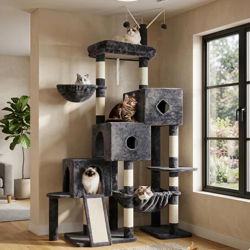 Hey-brother Torre de árbol para gatos, postes rascadores con 3 condominios, canasta grande, cama acogedora, tabla de sisal, camino de escalada paso