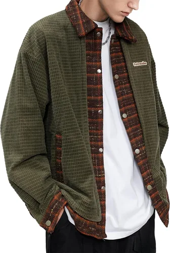 Aelfric Eden Chaqueta de camionero de pana con bloques de color para hombre, de gran tamaño, con cuello vintage, con botones, abrigos casuales