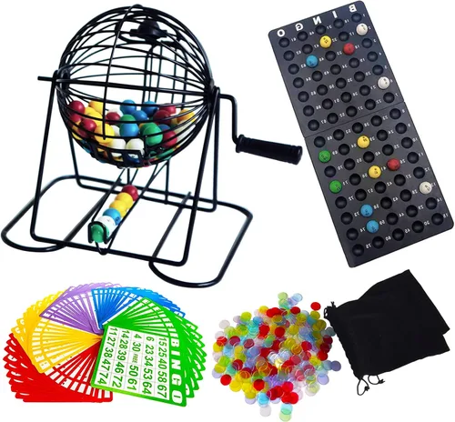 Yuanhe Juego de bingo de lujo, jaula redonda de metal, 75 bolas de colores, 50 tarjetas de bingo, 300 fichas mixtas y tablero maestro para grupos