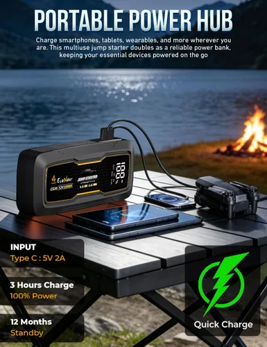 Miniatura 5 de EcoNour Arrancador de Batería para Auto Puente de Batería para Auto Paquete de Arrancador Portátil de 2500 A con Cable de Carga Ideal