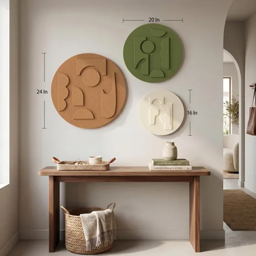 Miniatura 5 de Juego de arte abstracto redondo con textura 3D, 3 piezas, esculturas geométricas bohemias modernas y minimalistas para paredes, pinturas verdes