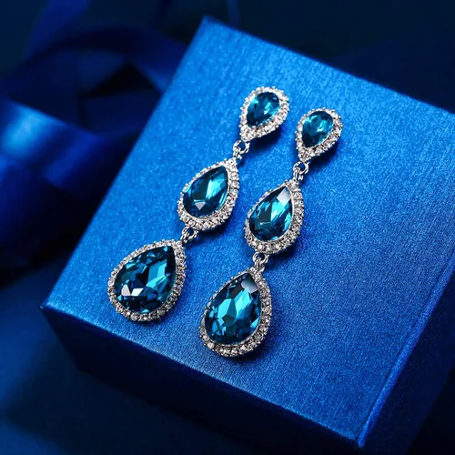 Miniatura 127 de EleQueen Pendientes de cristal austriaco en tono dorado para mujer, forma de pera de 2.5 pulgadas, color esmeralda