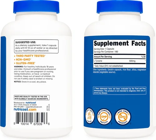 Miniatura 6 de Nutricost L-Tirosina 500 mg, 180 cápsulas - Sin gluten y sin OMG