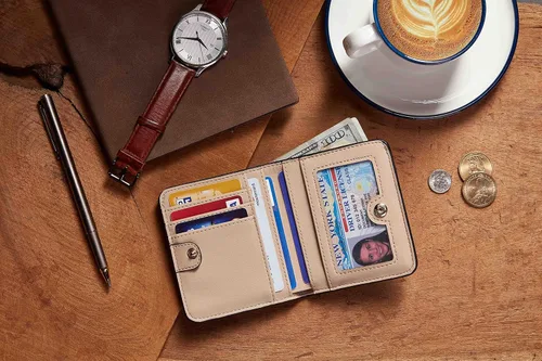 Miniatura 6 de Gostwo - Cartera compacta de piel genuina de lujo para mujer con bloqueo de RFID y ventana de identificación