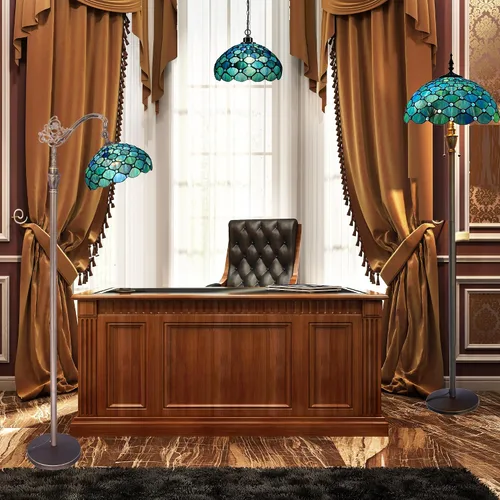 Miniatura 7 de Lámpara de Pie Tiffany de Vidrio Emplomado 18.88X12X67 Pulgadas Ángulo Ajustable Cuello de Ganso Arqueado Luz de Lectura Antigua (Perla Azul Marino)