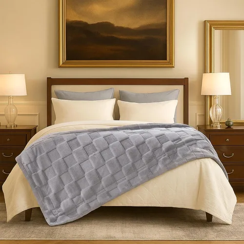 Miniatura 9 de Cozy Bliss Manta de Tiro de Piel Sintética de Conejo a Cuadros Gris, Mantas Suaves Difusas Esponjosas Minky Peludas para Sofá, Cama
