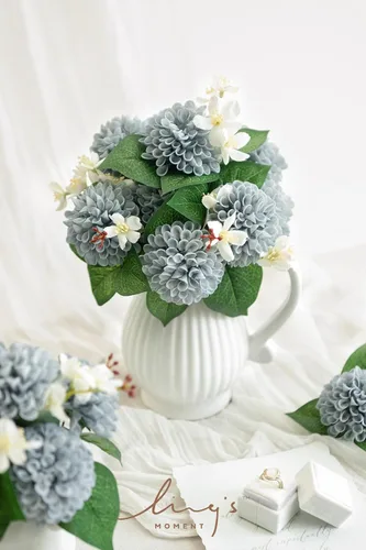 Miniatura 2 de Ling's moment Flores artificiales de espuma de dalia azul polvoriento, flor falsa de tacto real para decoración del hogar, graduación, baby shower