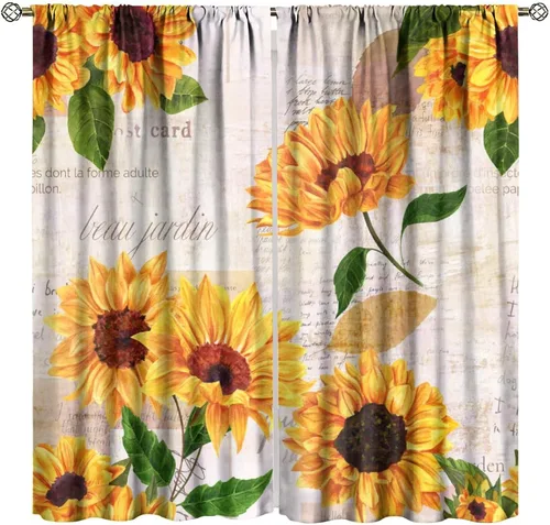 Miniatura 18 de Cortinas opacas de girasol, diseño natural, de granja, floral, con bolsillo para barra, para ventana, para dormitorio, sala de estar, 42 x 45
