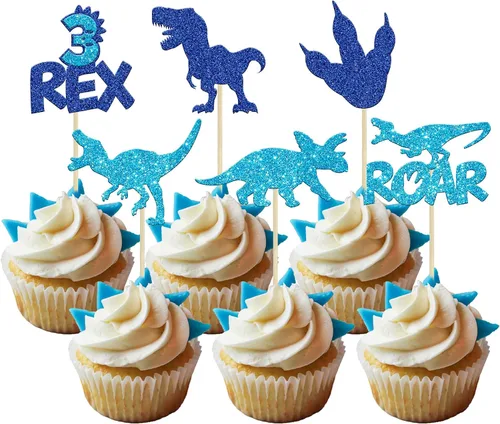 Gyufise 24 piezas de adornos de dinosaurios con purpurina azul 3 Rex Roar Dinosaur Cupcake Picks Three Years Old Dino Theme Baby Shower 3er Birthday