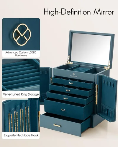 Miniatura 4 de Vlando Joyero grande, cajas de joyería y organizadores de 6 niveles, estuche de almacenamiento de joyas con espejo con 5 cajones, reloj de piel