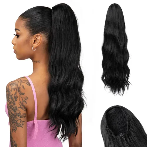 Miniatura 9 de Extensión de cabello corto negro con cordón para mujeres negras, cola de caballo recta de 14 pulgadas con rizos finales, postizos sintéticos
