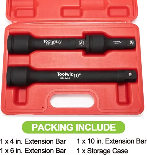Miniatura 6 de Toolwiz Barra de Extensión de Impacto de 3/4" de 4", 6", 10" (3 Piezas) Acero Cr-Mo, Amplía la Gama de Destornilladores de Impacto, Organizados