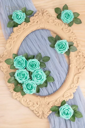 Miniatura 4 de MACTING - Rosas artificiales de tacto real de 30 piezas con tallo, flores de espuma de color verde menta, para ramos de boda, centros de mesa