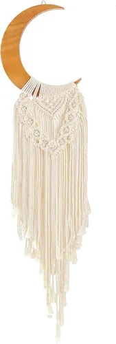 Miniatura 8 de ANROYE Macramé para colgar en la pared, decoración de luna bohemia, adorno de madera de media luna bohemia con borla larga, tapiz de madera único