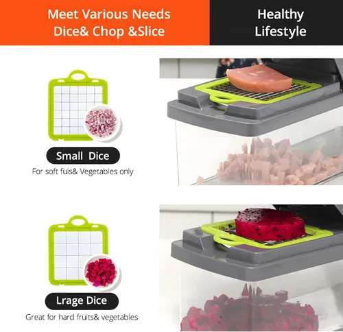 Miniatura 2 de Picador de verduras 15 en 1 con recipiente y tapa, picador de alimentos multifunción, cortador de mandolina, cortador de verduras para cebolla