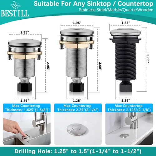 Miniatura 5 de Kit de interruptor de aire para eliminación de basura BESTILL - Certificado UL, botón de presión de 3.6" de largo en acero inoxidable con acabado