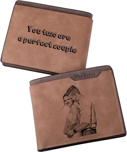 Miniatura 26 de INBLUE Billetera plegable grabada personalizada, cartera de cuero personalizada con foto y texto grabado, regalos para hombres, marido, papá, hijo