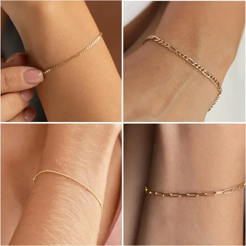 Miniatura 2 de Pulseras de oro para mujer, juego de pulseras en capas de oro de 14 quilates, delicadas cadenas de espiga de espiga, pulseras cubanas de oro